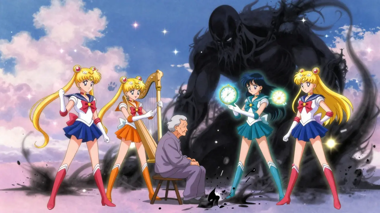 Five glowing care guardians defeat a shadowy 'Chemical Restraint' monster with light-based weapons in a magical, hopeful scene.