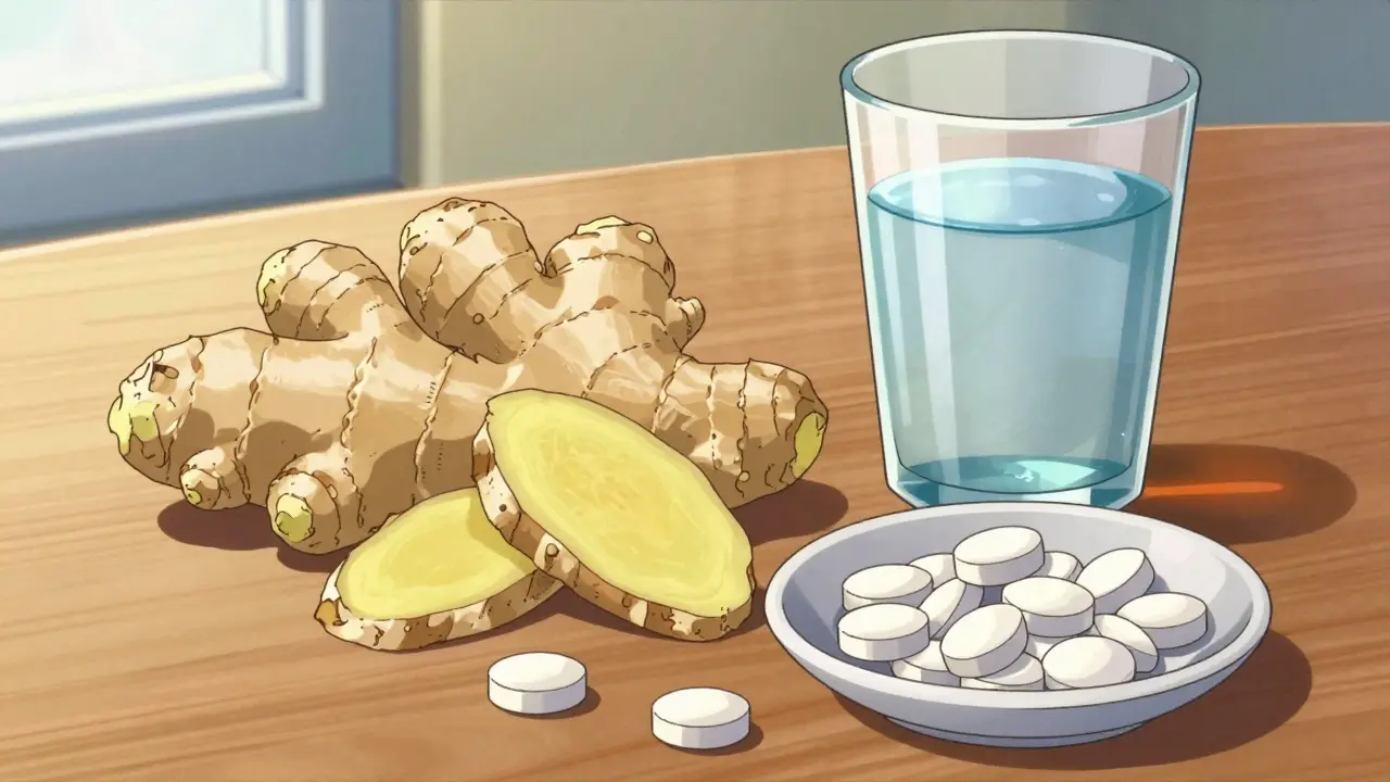 Ginger root and vitamins on a table in sunlight