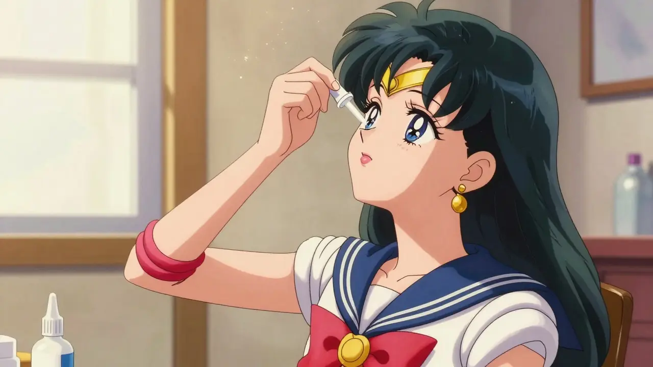 Girl tilting head back to apply eye drops correctly into a pocket.