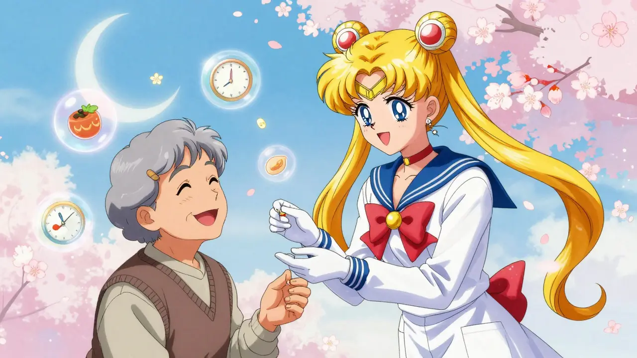 Healthcare provider giving glipizide pill to older patient with glowing food and clock symbols, anime style.