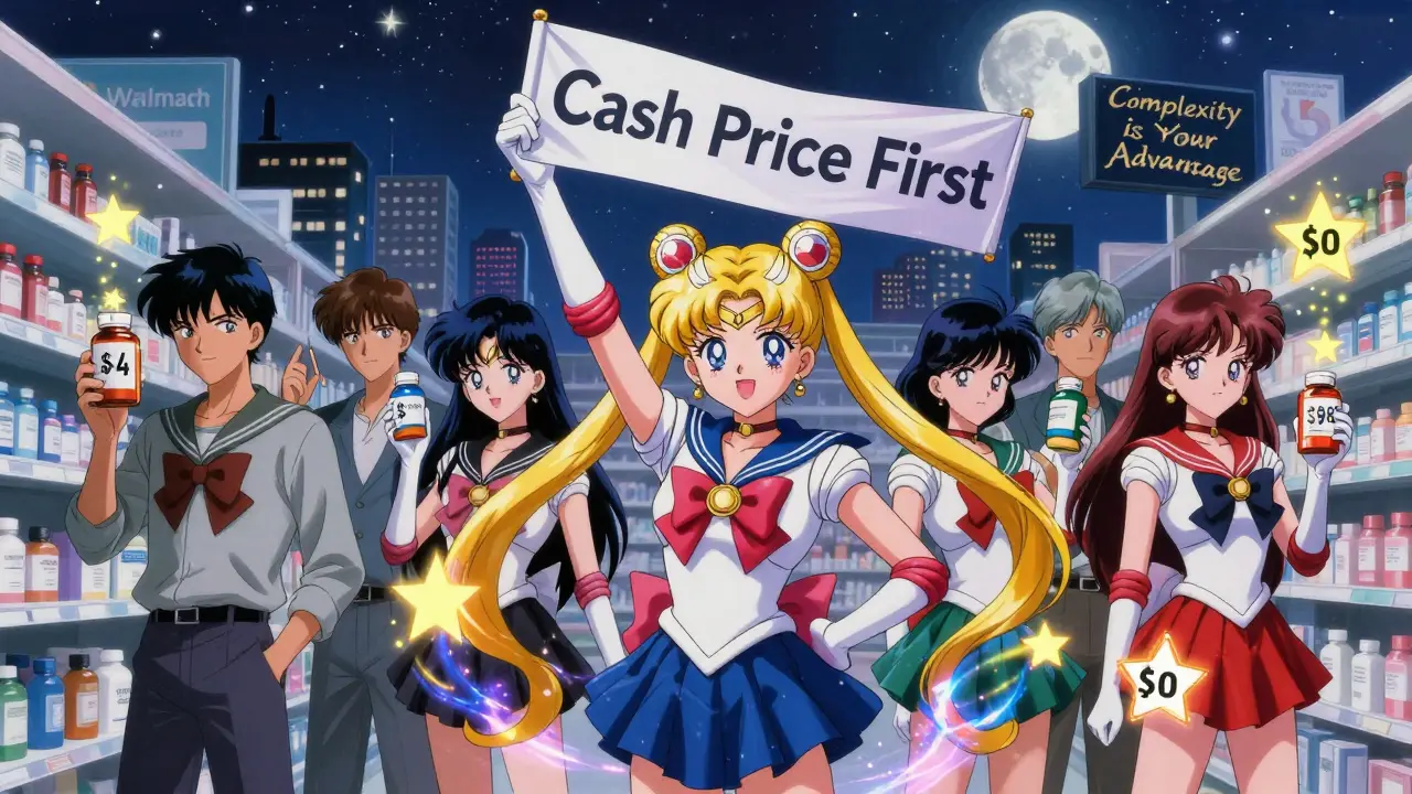 People in a pharmacy aisle holding medication bottles with transforming price tags as stars, holding a 'Cash Price First' banner.