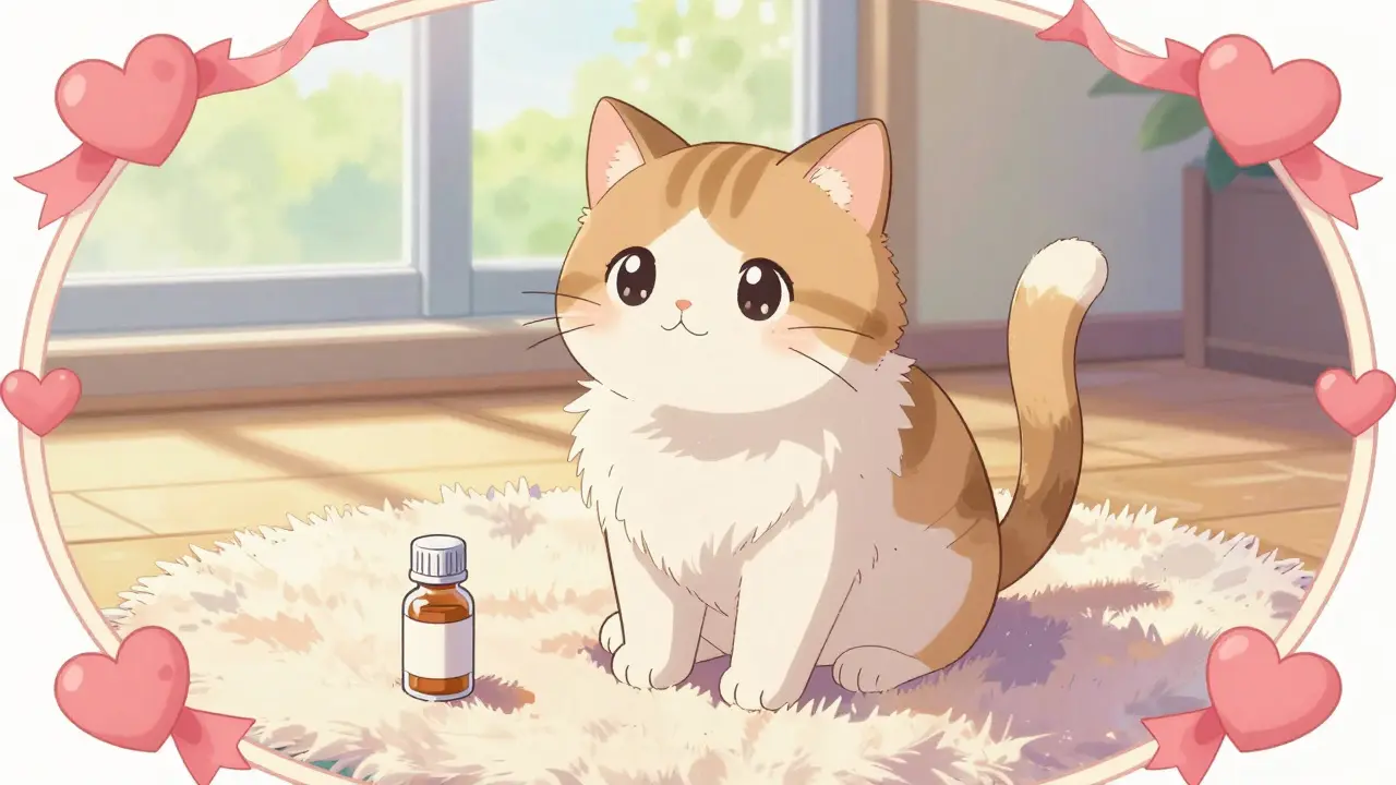 A healthy fluffy cat sitting next to a medicine bottle in a cozy anime room