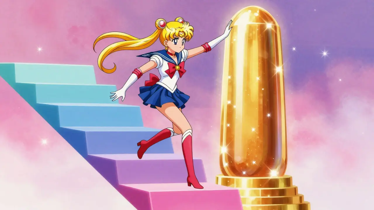 Anime character climbing colorful glowing steps representing insurance drug tiers.