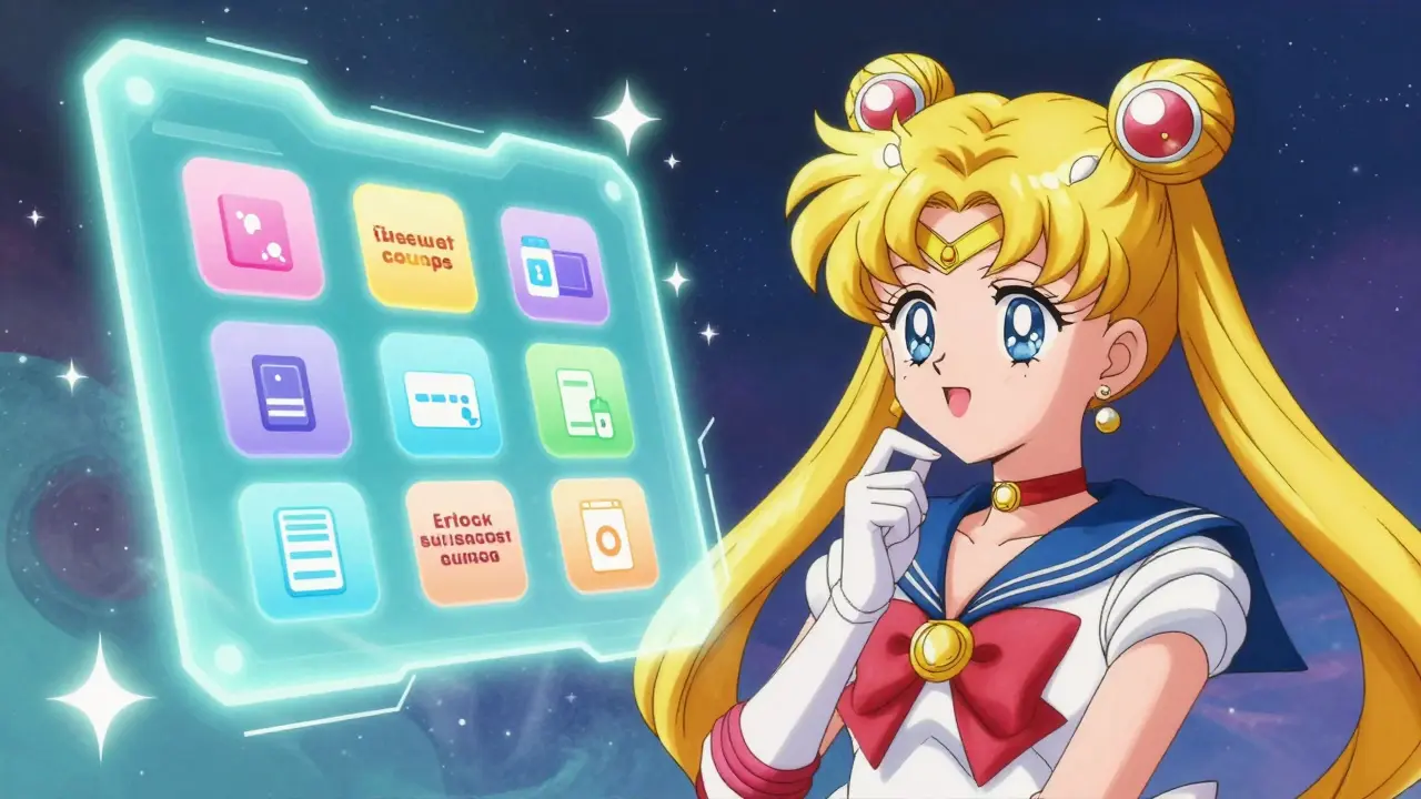 Anime character exploring different medication pricing options via a magical interface.