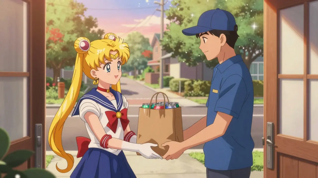 Anime delivery person handing over a bag of cocktails to a happy customer