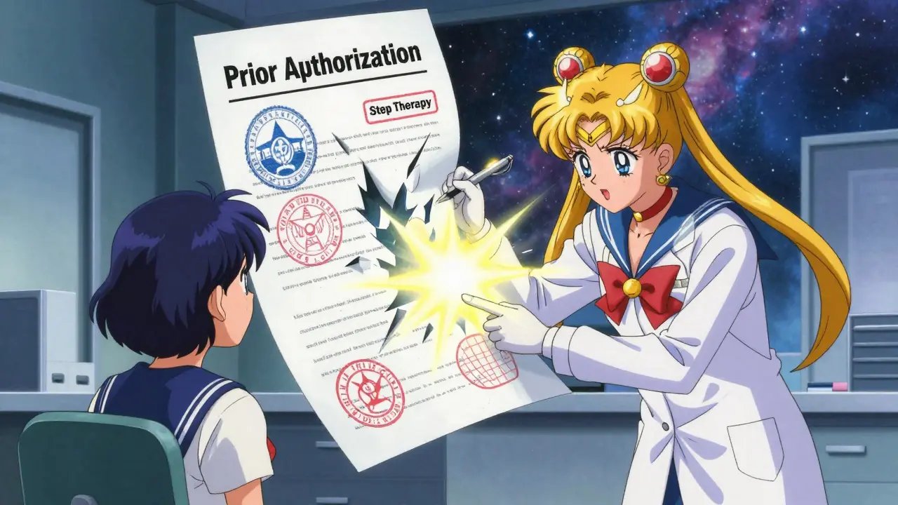 Anime doctor using a glowing pen to overcome insurance paperwork hurdles.