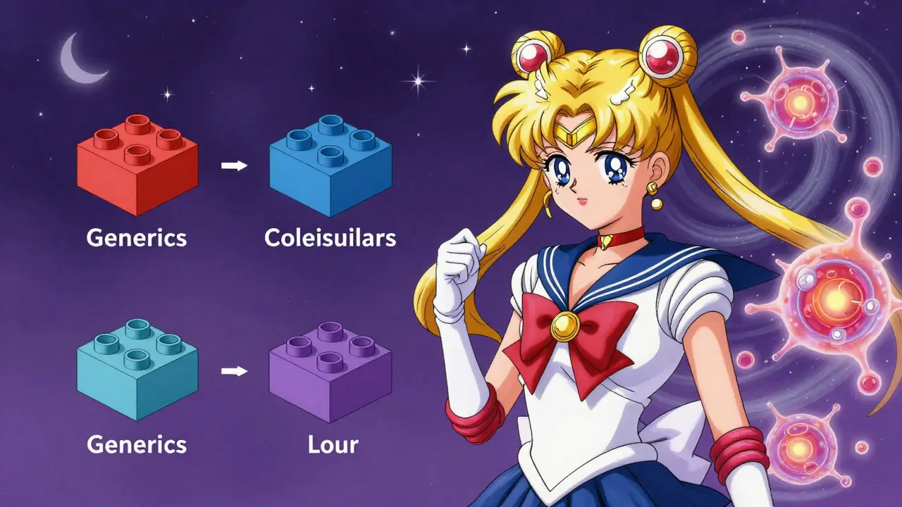 Anime illustration showing simple chemical shapes versus complex biological cell structures.