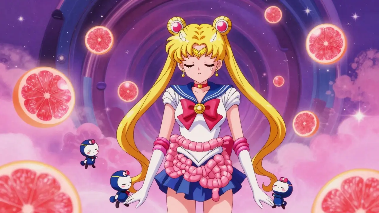 Anime representation of enzymes being disabled by grapefruit compounds in the gut