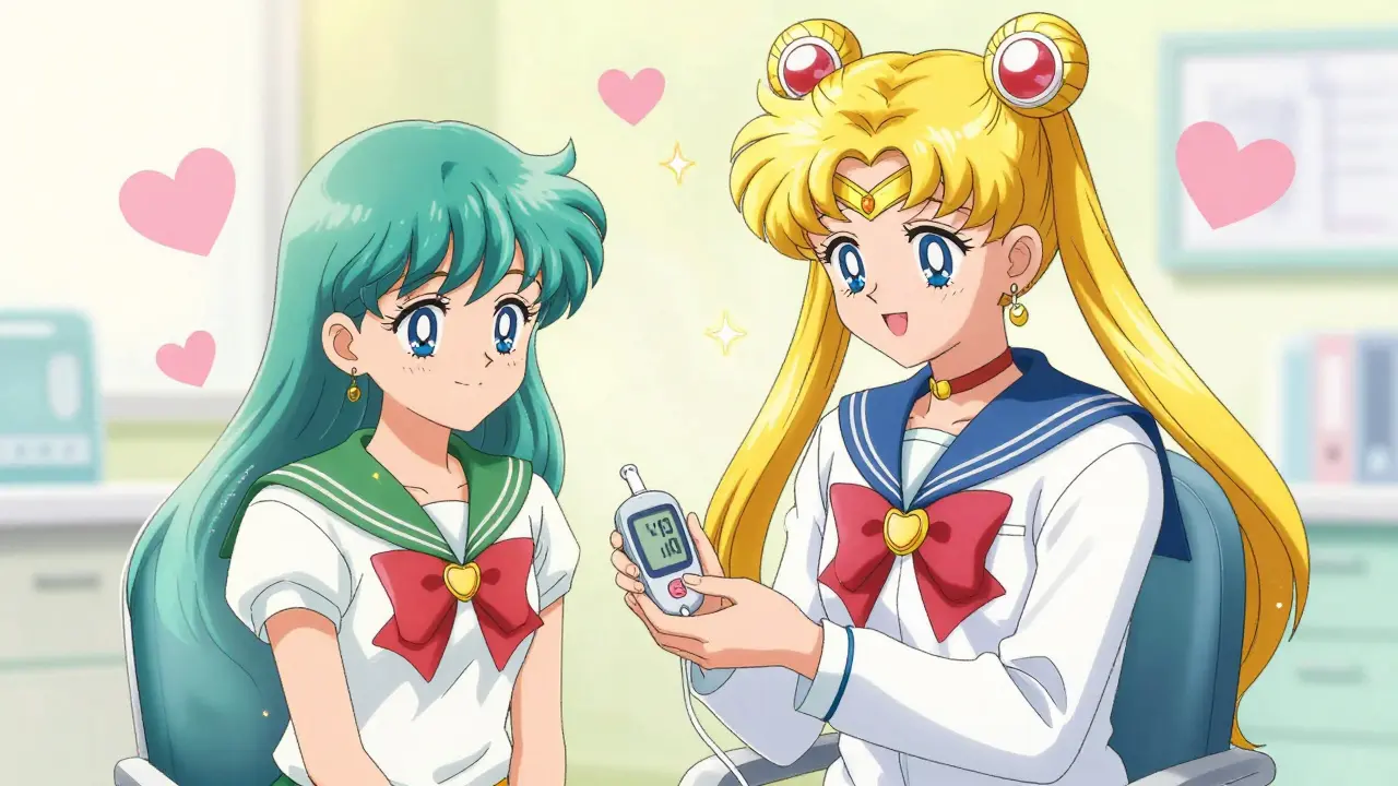 Anime scene of a doctor and patient monitoring glucose levels during a medication switch.