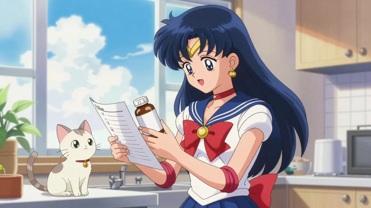 Anime woman carefully checking supplement labels in a bright, sunny kitchen with a cute cat.