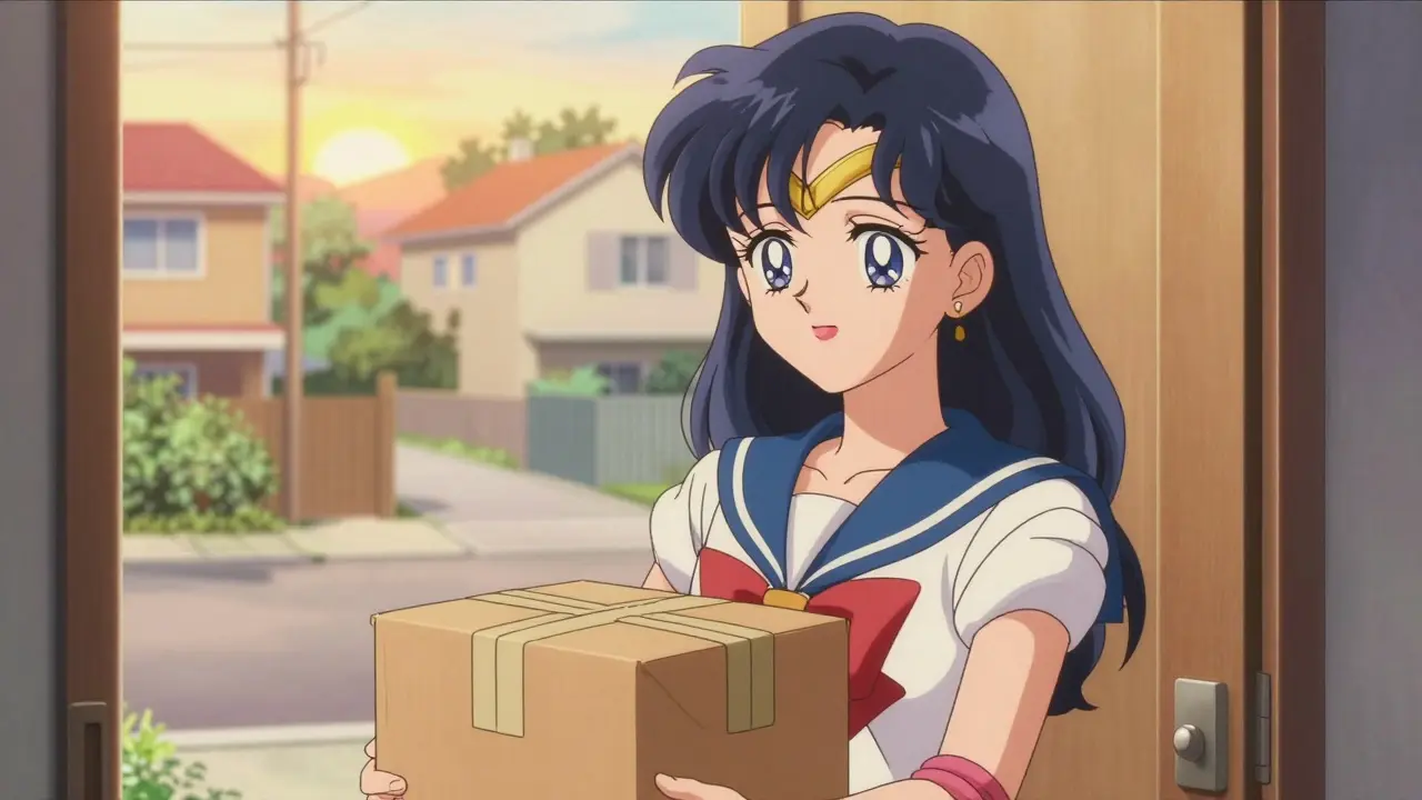 Anime woman smiling while receiving a medication delivery at her home.
