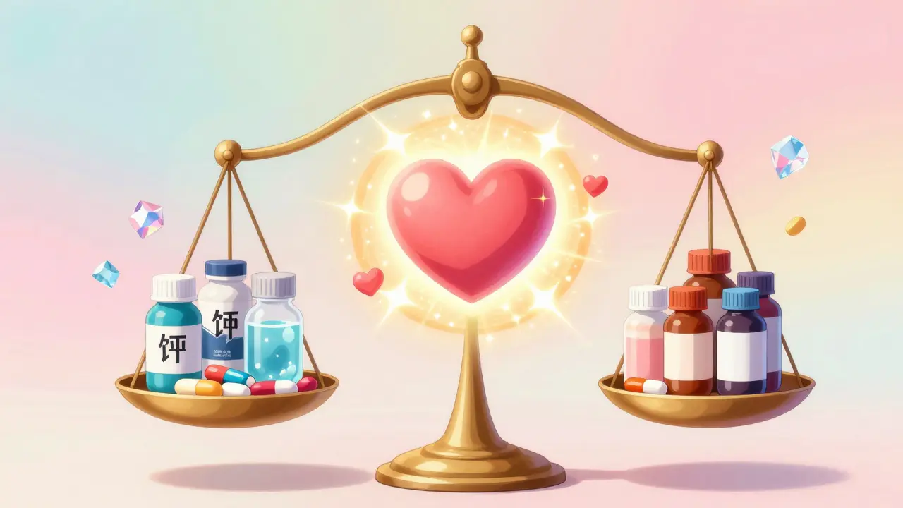 Balanced scale with medication and a glowing heart surrounded by sparkles