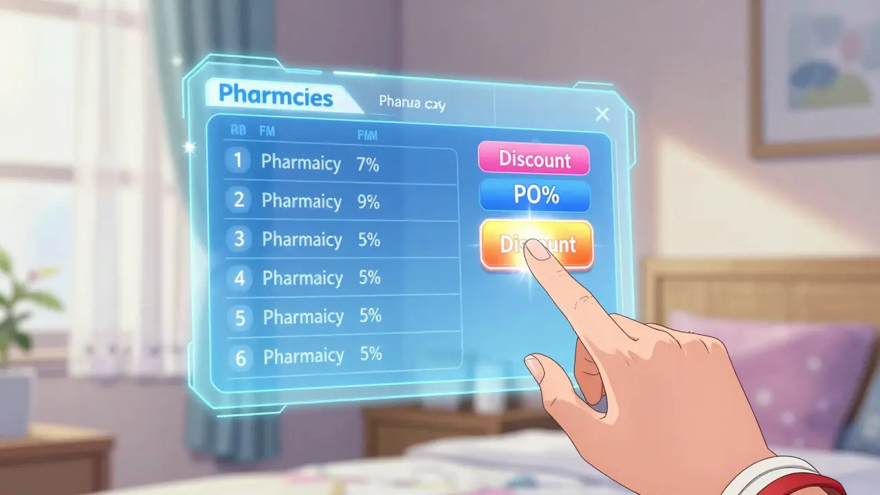 Close-up of a holographic pharmacy price comparison screen in anime style