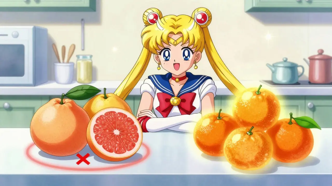 Comparison of safe citrus fruits and risky grapefruits in anime style