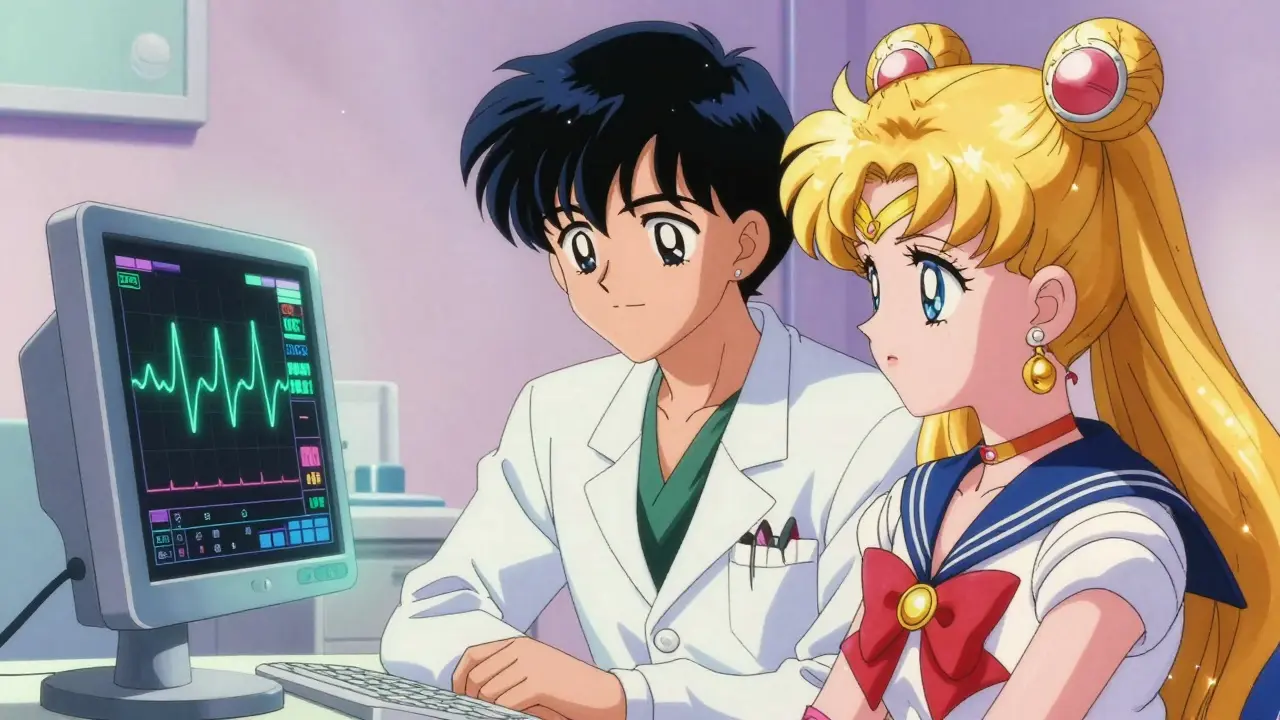Doctor and patient viewing a holographic ECG monitor in anime style