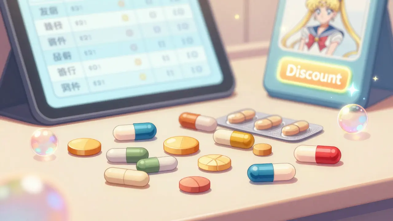 Generic medicine capsules surrounded by magical sparkles and a discount screen