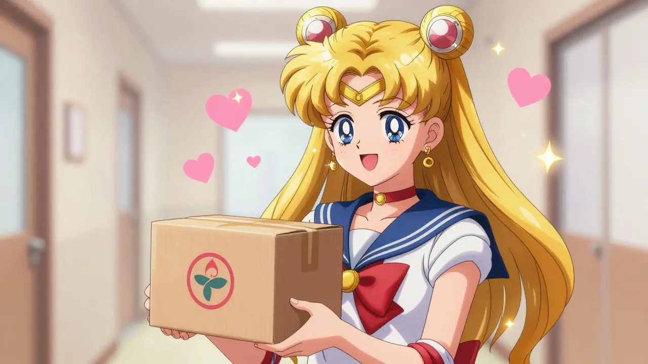 Happy anime woman holding a delivered pharmacy package with sparkling stars
