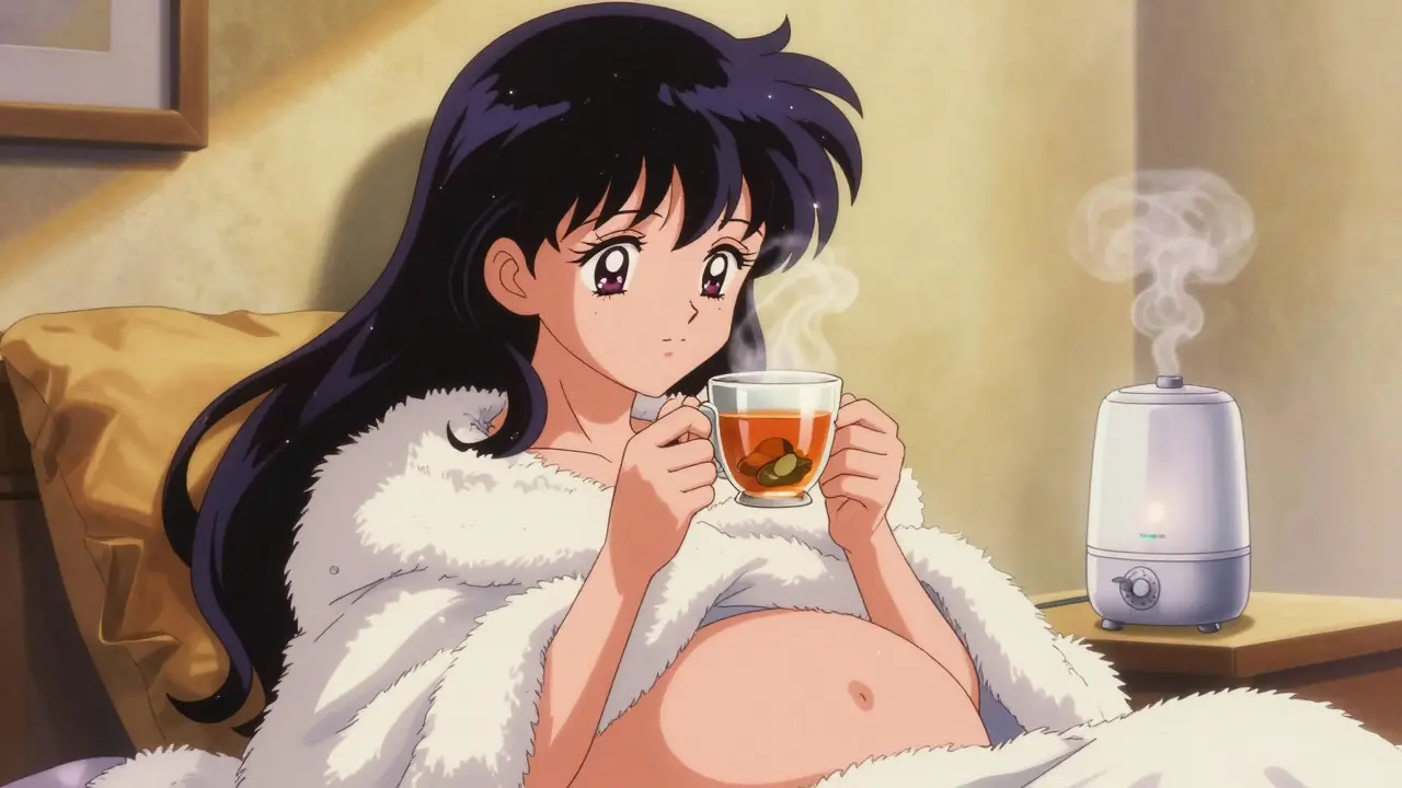 Pregnant woman resting comfortably with tea and a humidifier in a soft, glowing anime style.