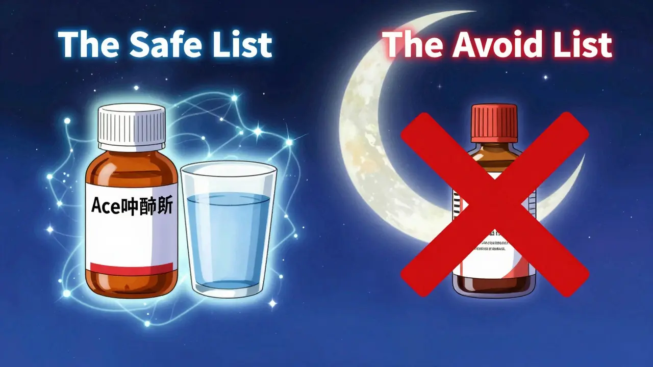 Split screen anime art showing safe versus unsafe medications with a starry celestial background.