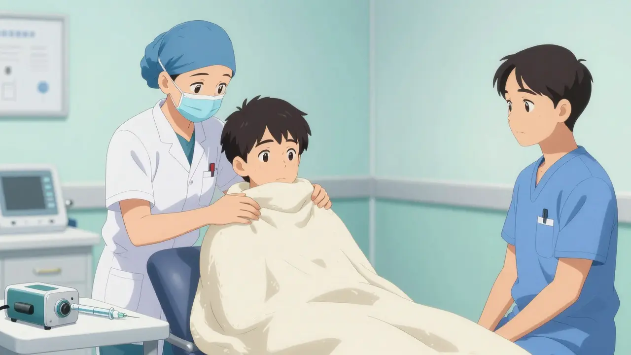 Staff covering patient with blanket while waiting for emergency services