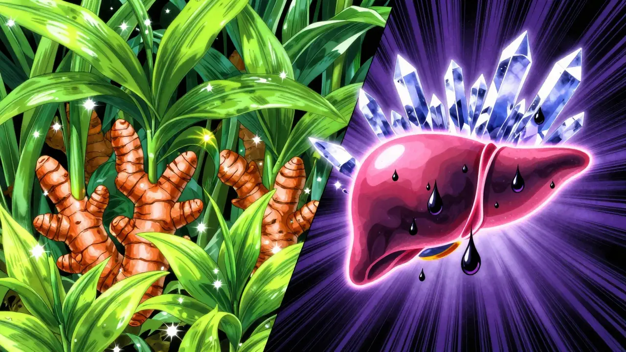 Stylized anime depiction of herbal extracts transforming into sharp crystals affecting the liver.