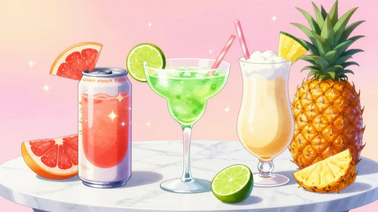 Stylized anime depiction of three organic tequila cocktail cans with fresh fruit