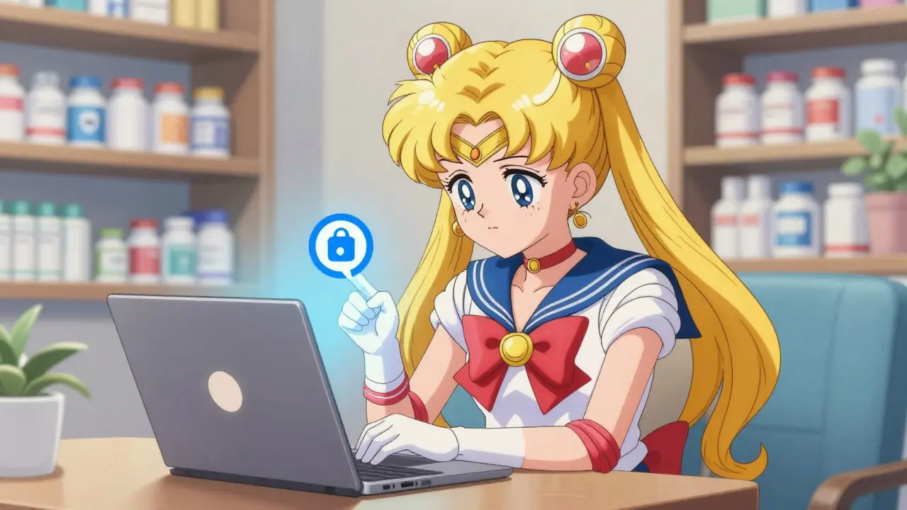 Anime character verifying safe online pharmacy details with a cute mascot helper.
