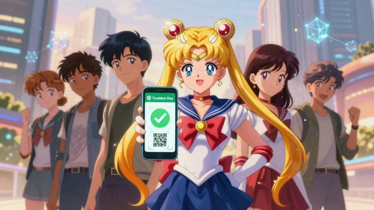 Anime characters using a phone app to verify medication authenticity in a sunny city.
