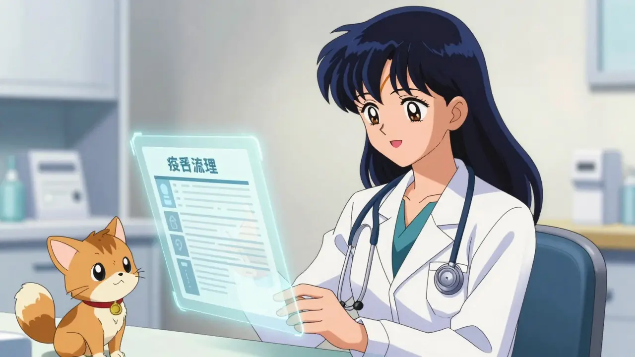 Anime doctor reviewing digital medical records with cute pet