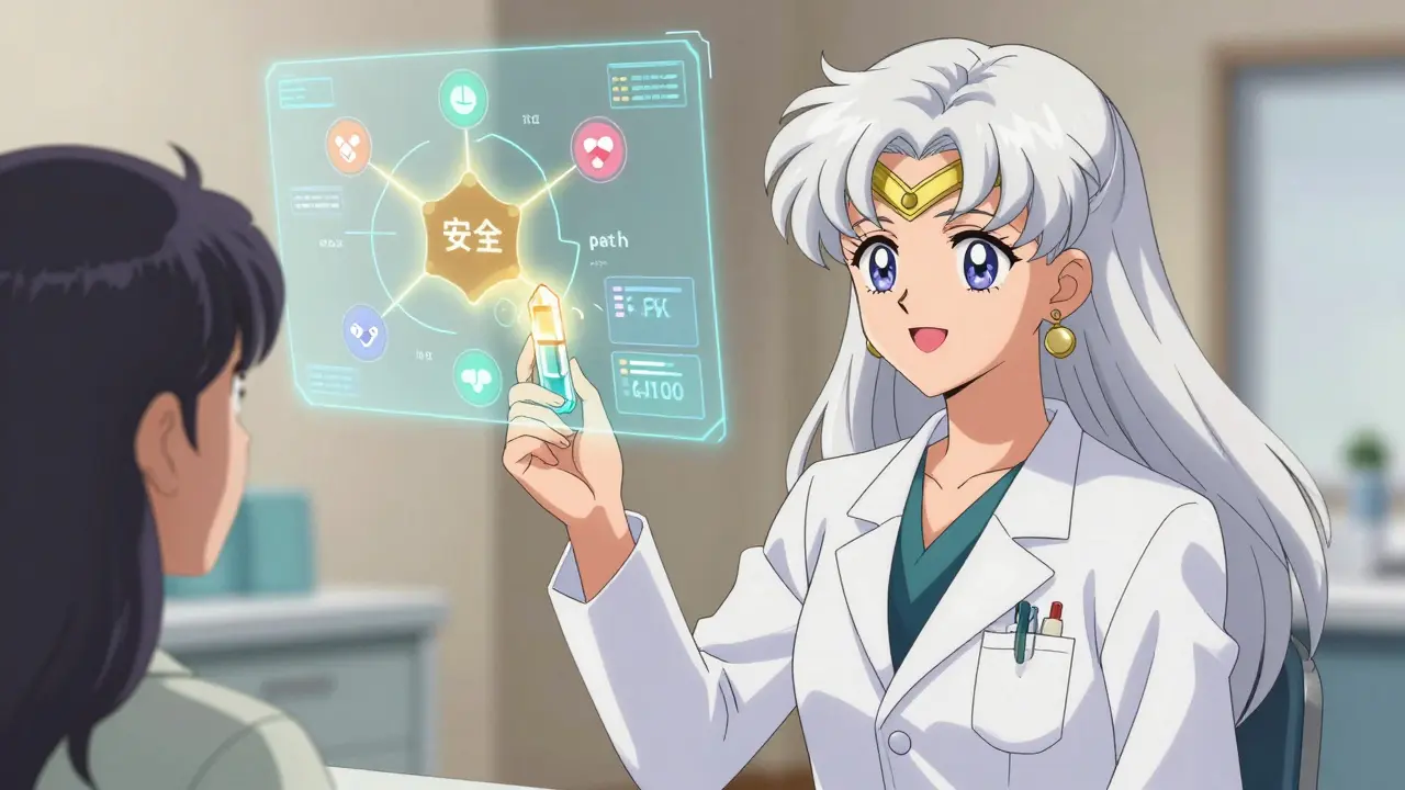 Anime doctor showing a glowing genetic test result to a patient with a holographic guide.