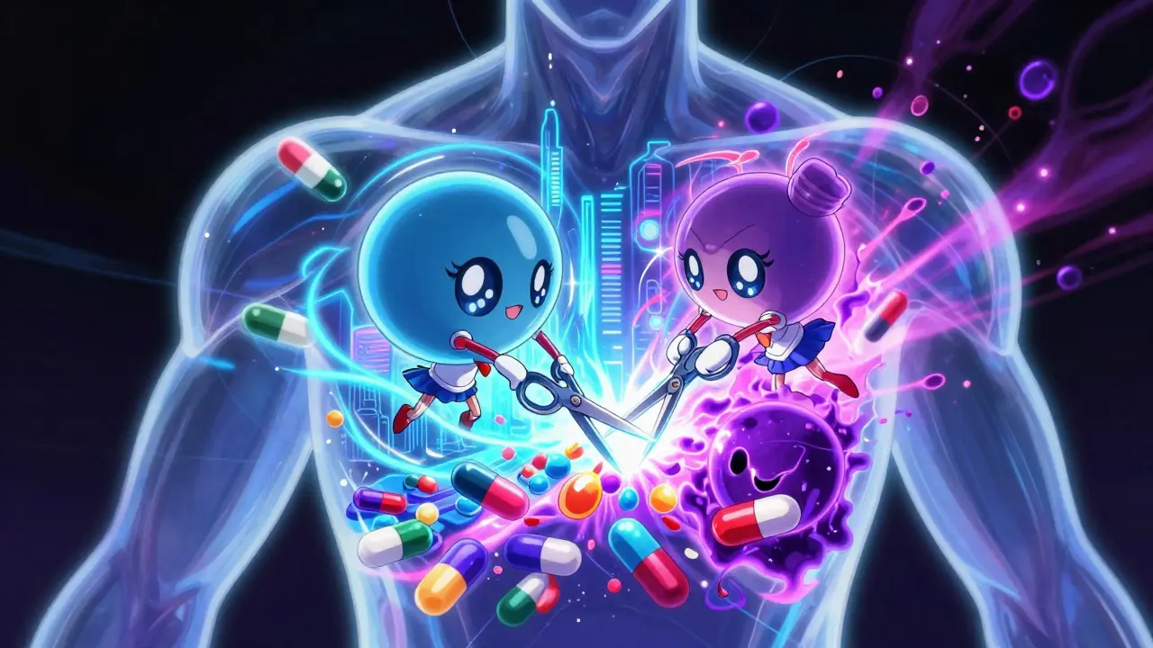 Anime enzymes cutting pills in a stylized body interior, showing fast and slow metabolism.