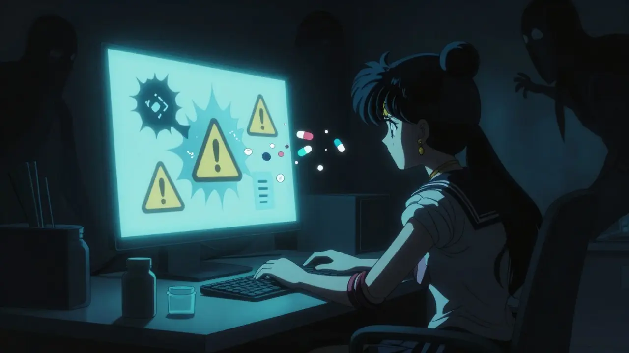 Anime figure at computer facing dark digital threats