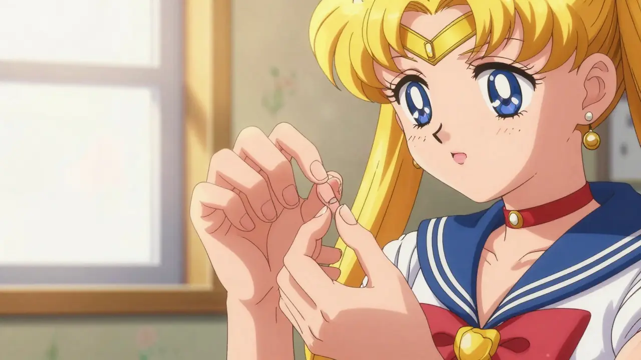 Anime girl examining pitted fingernails for diagnosis