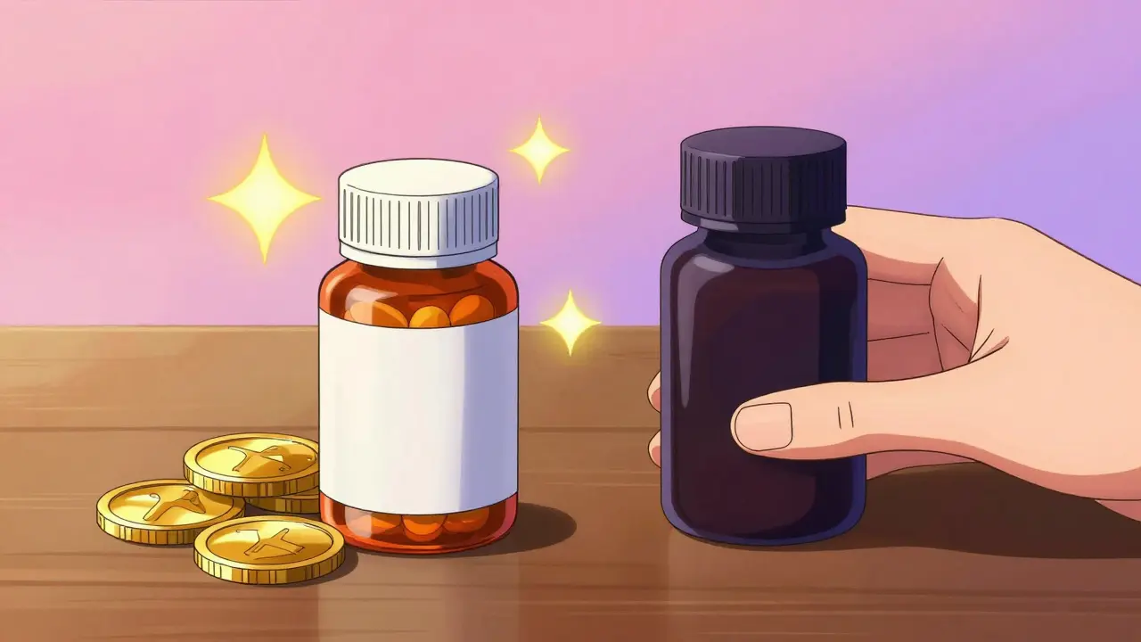 Anime hand choosing generic medication bottle over expensive one