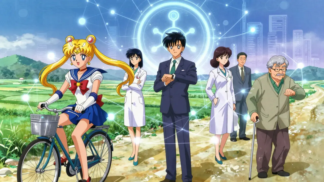 Anime illustration of diverse people connected by digital threads to healthcare