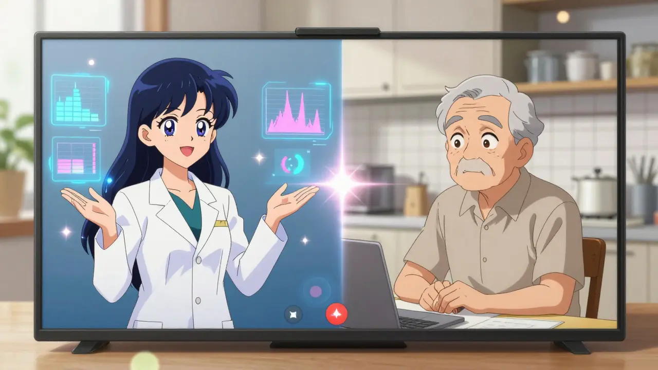 Anime style video call between audiologist and patient with holographic data