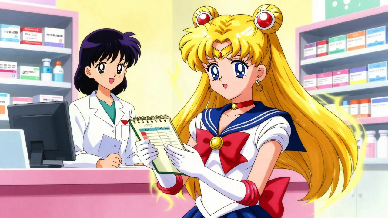 Anime woman confidently discussing medication tracking with a pharmacist