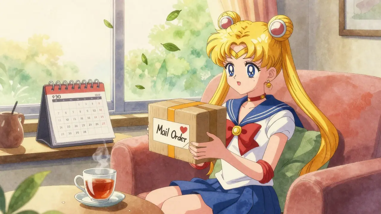 Cozy anime scene of receiving mail-order medication at home