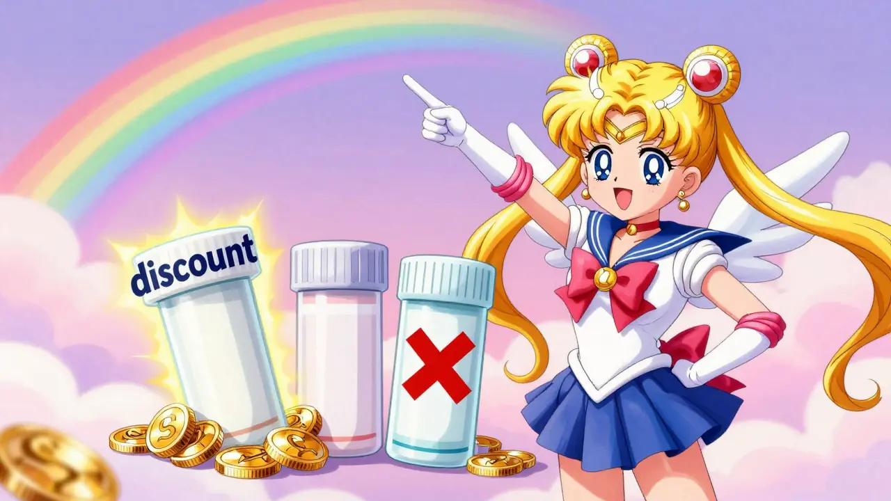 Cute anime mascot showing discounted medicine prices