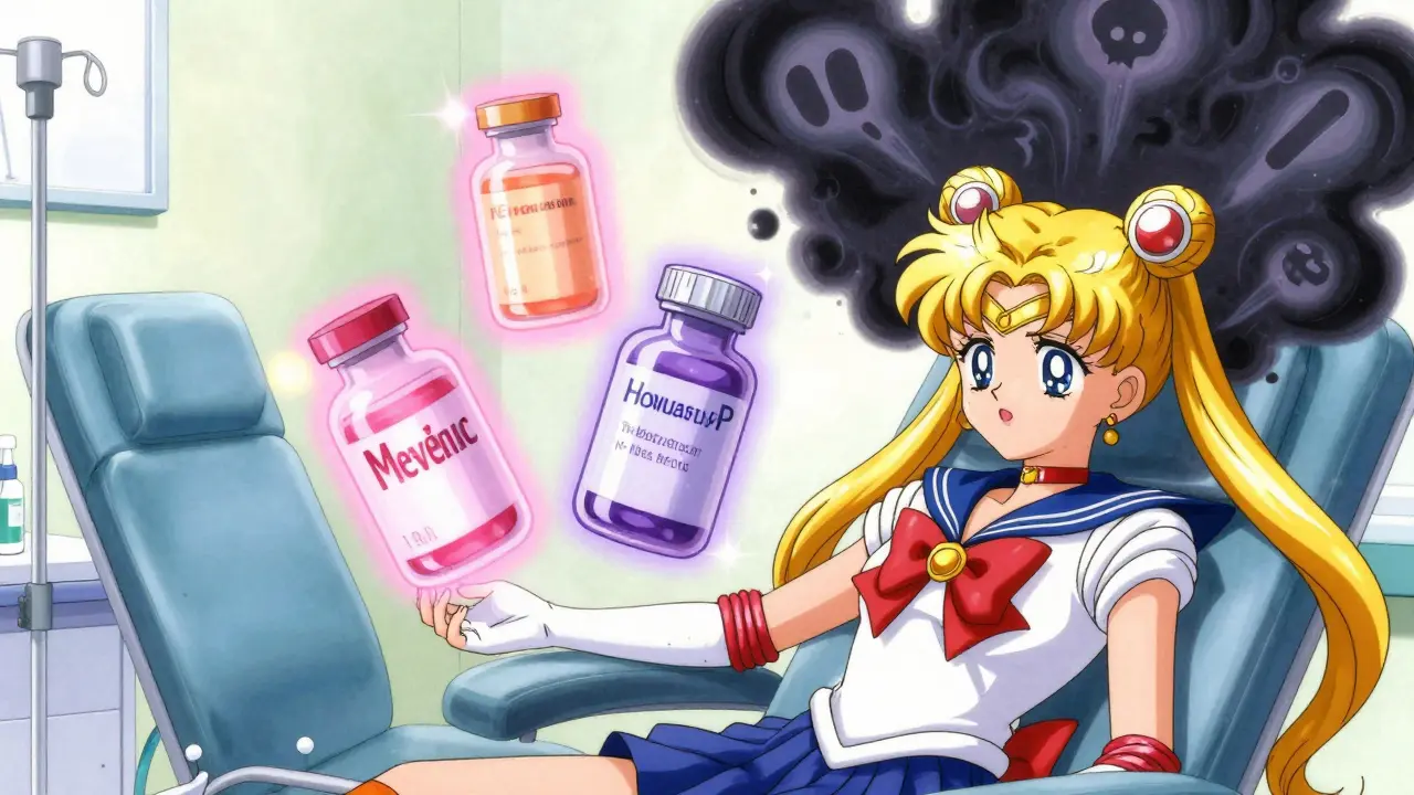 Floating magic medicine bottles fighting nausea clouds