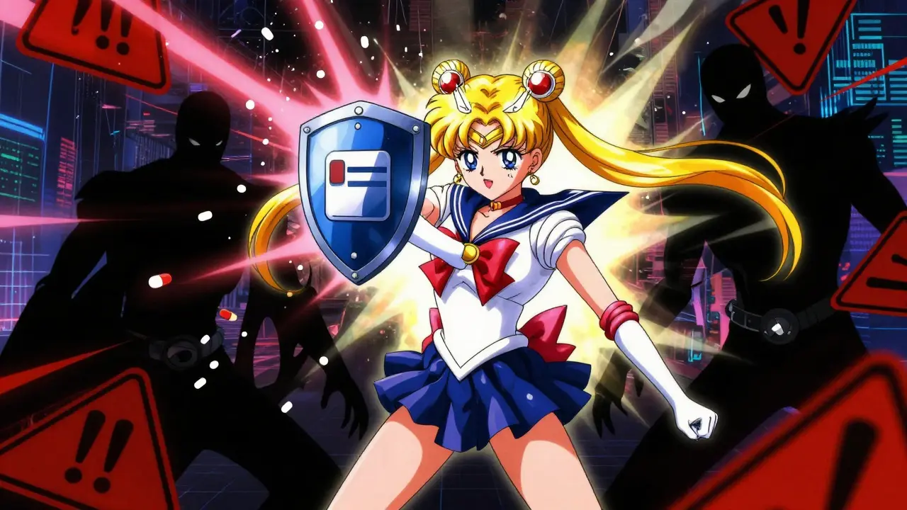 Heroic anime character blocking dangerous fake drug websites