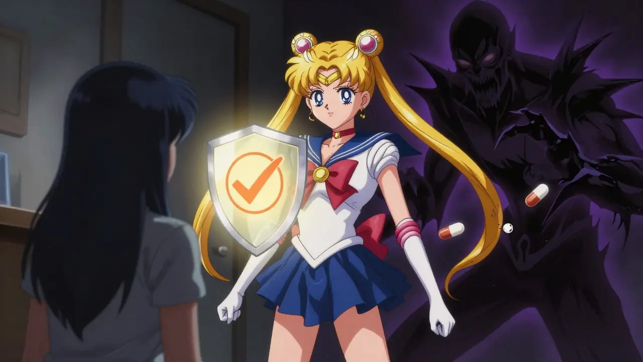 Heroine blocking dangerous fake drug sellers in anime
