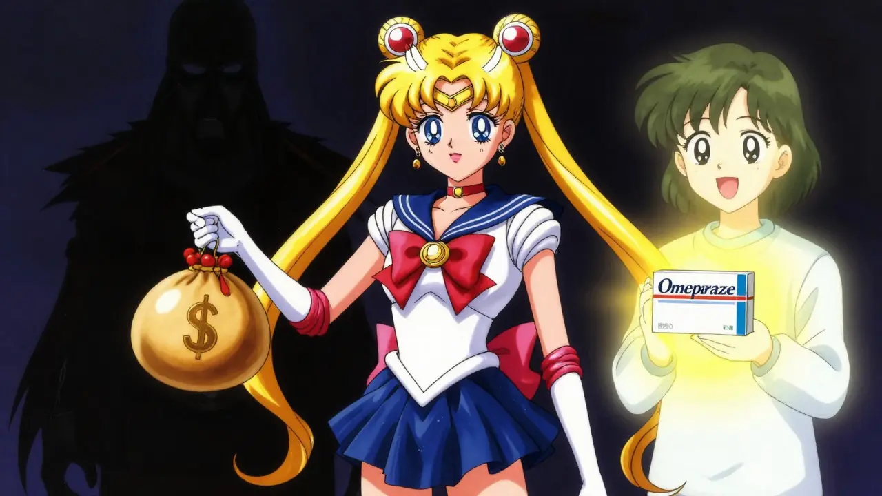 Magical girl choosing affordable generic meds over expensive brand-name drugs.