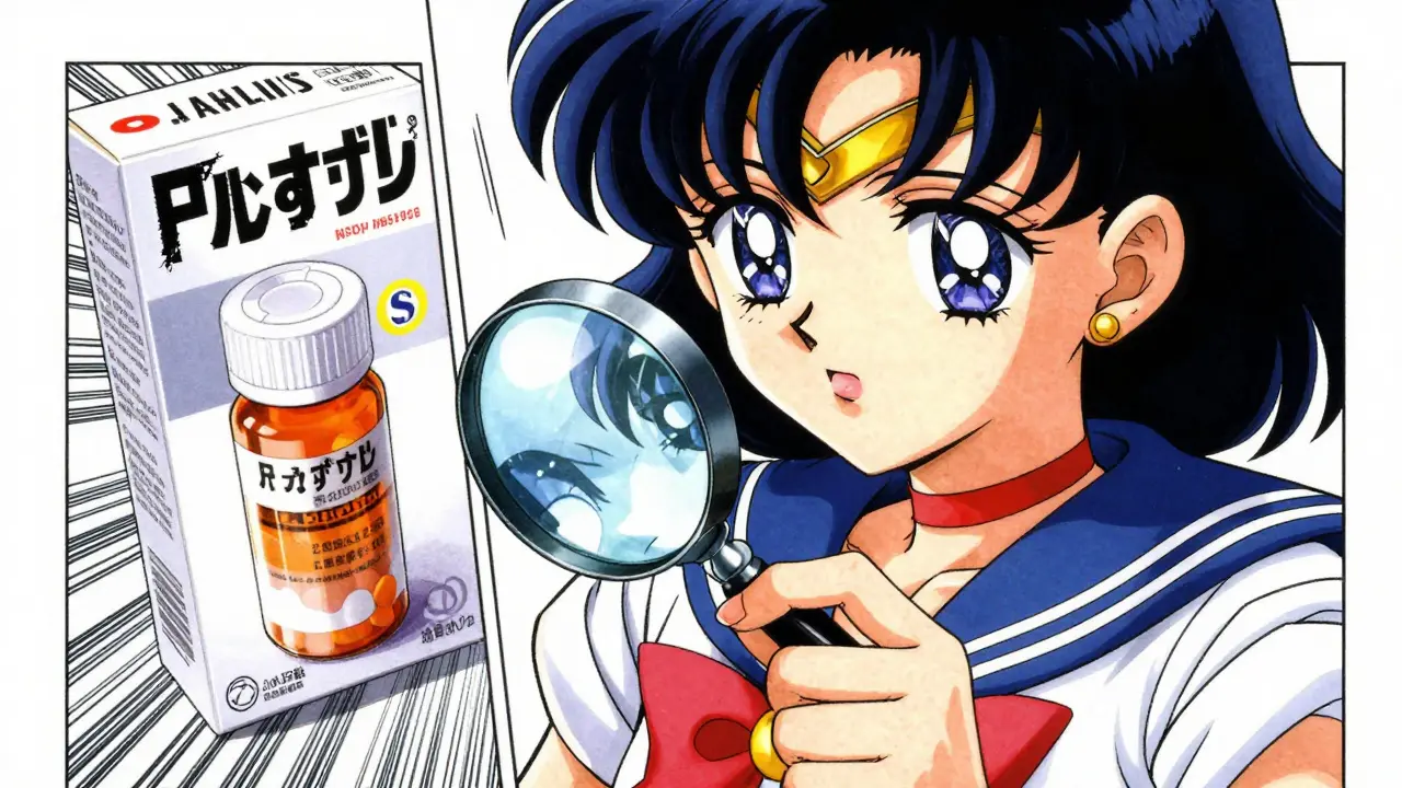 Manga style close-up of inspecting a pill bottle for spelling errors and bad print.