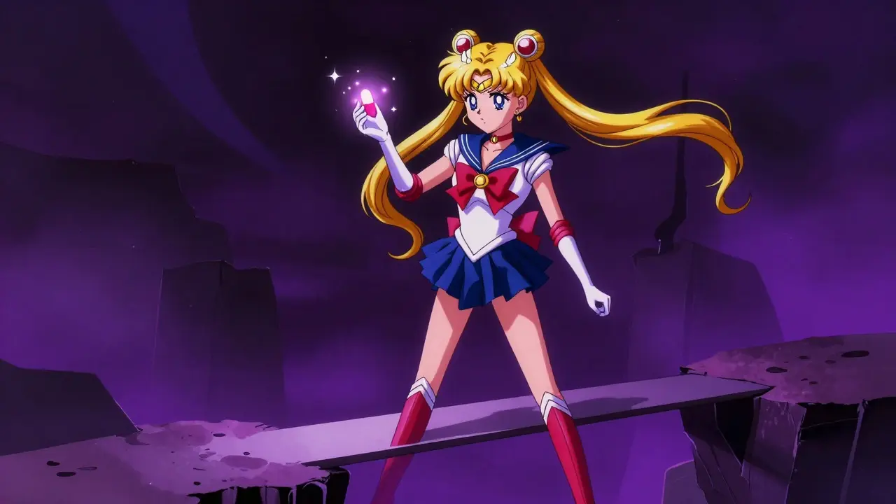 Stylized anime character balancing on a beam holding a glowing critical medication pill
