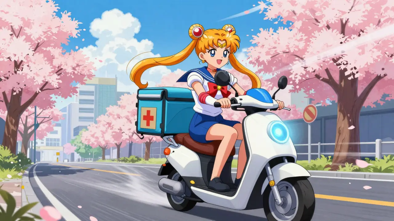 Anime courier delivering medication quickly on scooter