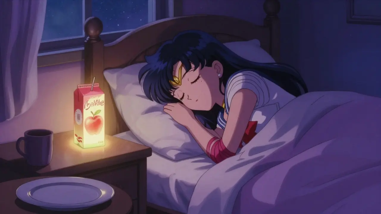 Anime girl sleeping peacefully with glowing apple juice floating nearby.