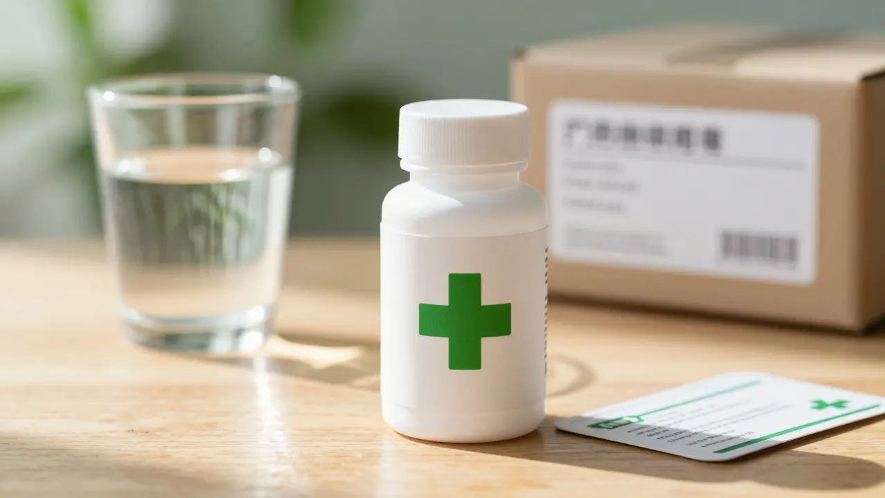 Anime style medicine bottle and water glass on table with delivery box
