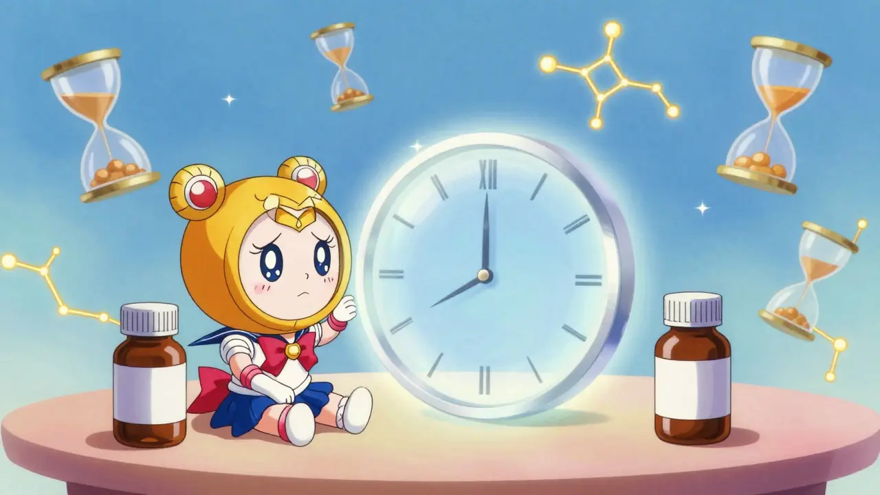 Cute clock character guarding space between thyroid med and iron supplements.