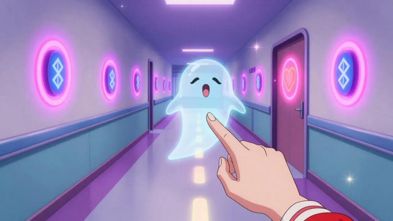 Futuristic hospital hallway with glowing navigation beacons and a magical light guide